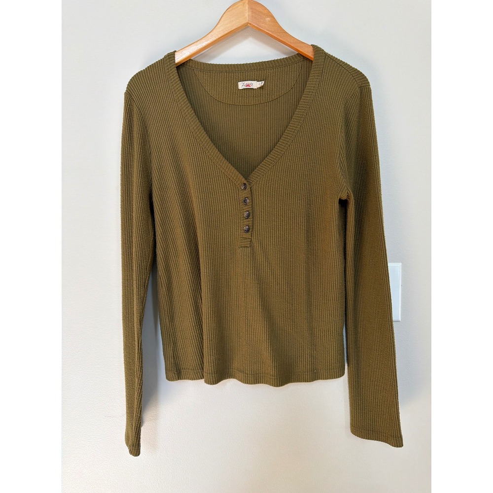 Faherty Womens Ribbed Henley Shirt Olive Green Thermal Long Sleeve Bella Swan L